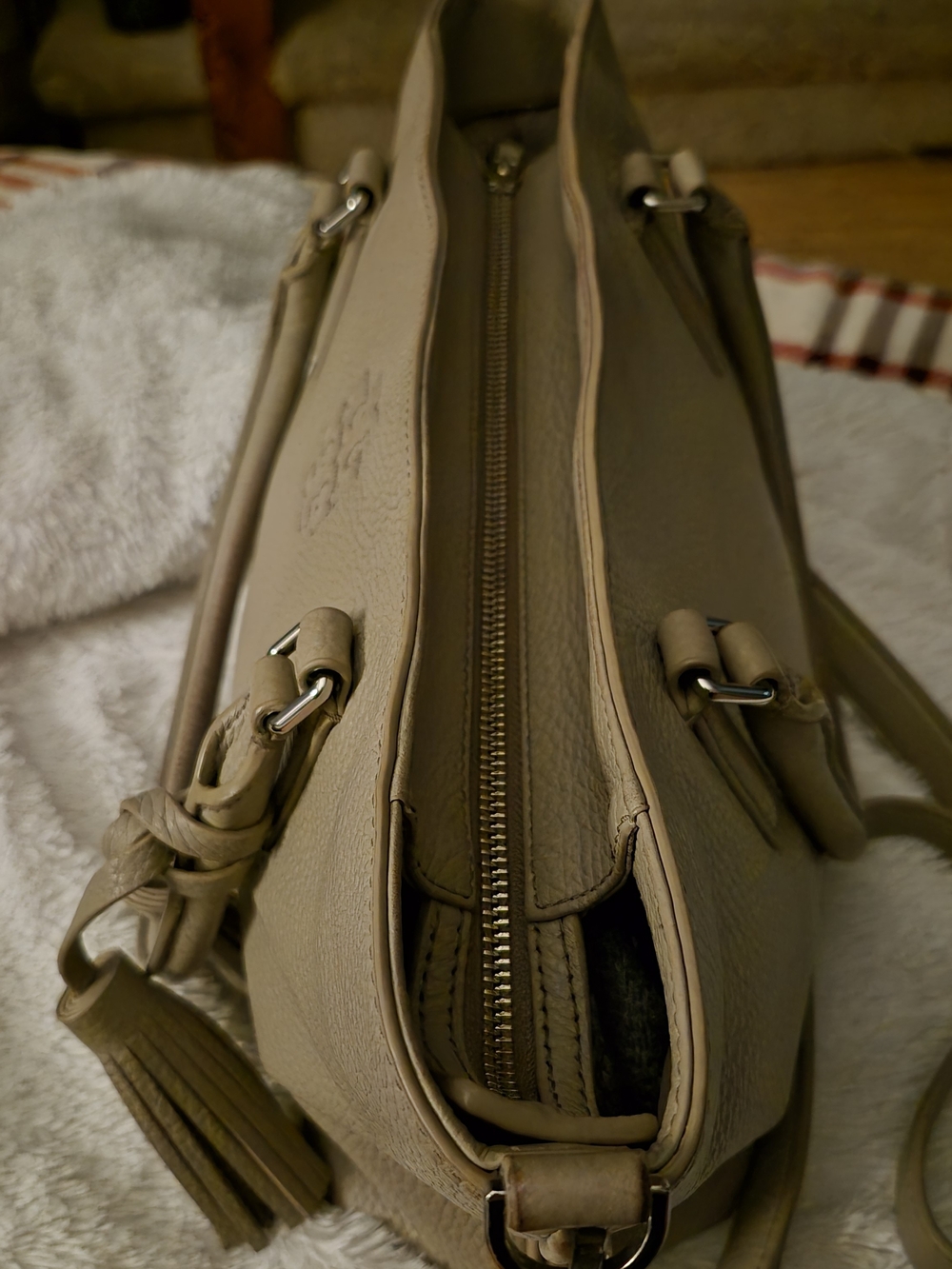 Tory Burch Taupe Leather Tote with Tassel - Picture 7 of 11